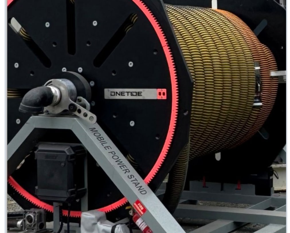 Motorised hose reel on the mobile power stand