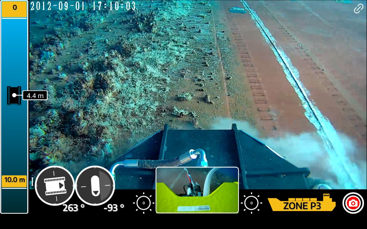 Inspection system interface showing a fouled hull section with depth and zone telemetry