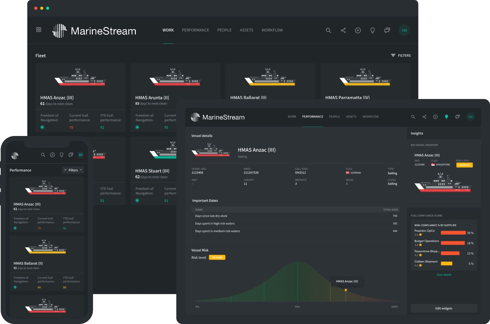 MarineStream fleet view on desktop, tablet and phone